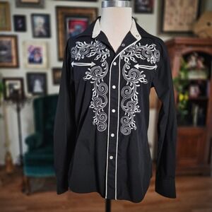 Western Shirt Patron Cito Red Label Black Embroidered Pearl Snap Mens Small